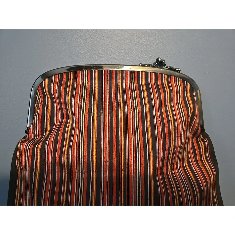 JAPANESE KIMONO VINTAGE CLASP COIN CASE  POUCH TSUMUGI  WOVEN STRIPE KISS‎ LOCK
